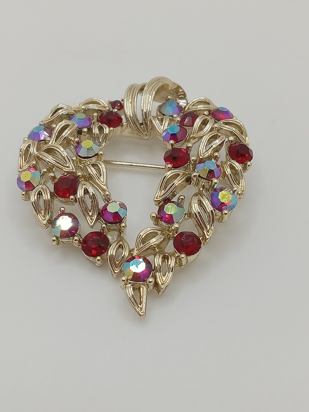 Vintage Lisner Red Rhinestone AB Wreath Brooch Gold Tone Leaf Bow Pin